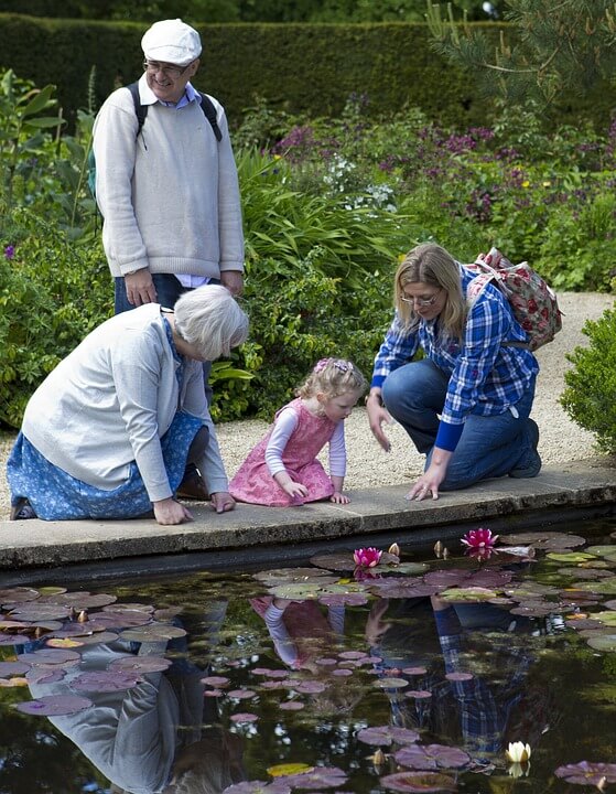 Image of a family having a special day near a pond with lily pads and bright pink flowers on the pads. An older gentleman wearing a cap is standing up near the pond. His wife is seated near the pond looking at her blond granddaughter who is wearing a pink jumper and who appears to be about 3 or 4 years old. The girl's mother is to the right of her kneeling near the pond and is wearing a backpack. The image is shown in conjunction with our estate planning law firm's blog post about retirement savings and long care planning.
