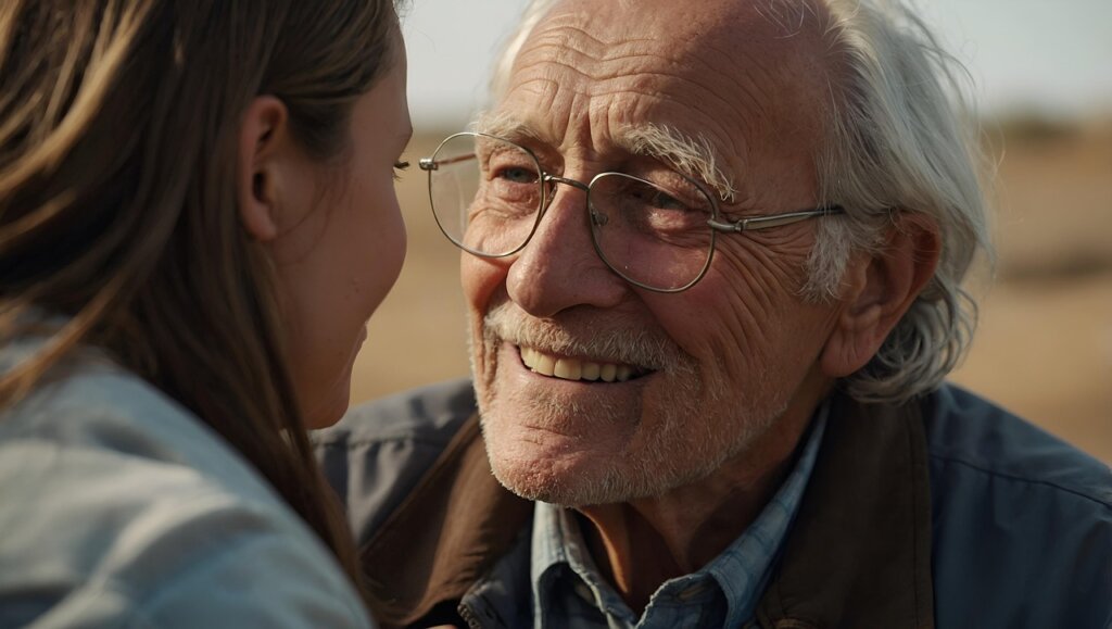 This image shows the back of a young woman with long brunette hair who has her face just a few inches a way from an elderly gentleman who is quite wrinkled and wearing glasses and smiling and the woman appears to be looking the elderly gentleman in the eyes and having a nice conversation with him.