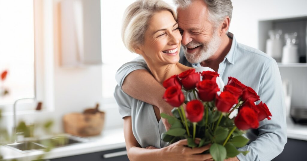 This is an image of an attractive older woman and man who both have gray/white hair and the man is hugging the woman and presenting her with some roses.